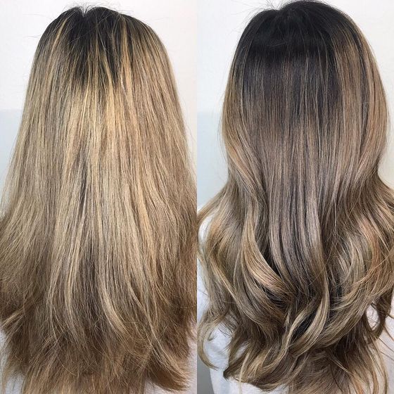 Two photos of the same long hair side by side: brassy and straight on the left, a cooler blonde with a soft dark root and waves on the right